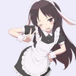 1girl ;o absurdres alternate_costume animal_ear_hairband animal_ears apron black_dress blush brown_hair collared_dress commentary contrast_collar dress enmaided fake_animal_ears fang frilled_apron frills hairband highres idolmaster idolmaster_cinderella_girls long_hair looking_at_viewer lop_rabbit_ears maid maid_apron maid_headdress mooramango one_eye_closed petticoat rabbit_ear_hairband rabbit_ears short_sleeves simple_background skin_fang solo straight_hair tachibana_arisu v very_long_hair white_apron wrist_cuffs