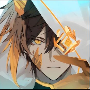 1boy bad_tag genshin_impact helmet highres multicolored_hair official_alternate_costume richard_mercadal solo two-tone_hair zhongli_(archon)_(genshin_impact) zhongli_(genshin_impact)