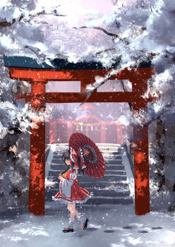 Rule 34 | 1girl, ascot, black sandals, bow, brown hair, commentary request, detached sleeves, dise (psychoro), footprints, frilled bow, frilled hair tubes, frilled skirt, frills, hair bow, hair tubes, hakurei reimu, highres, holding, holding umbrella, long hair, oil-paper umbrella, red bow, red skirt, red umbrella, ribbon-trimmed skirt, ribbon-trimmed sleeves, ribbon trim, sandals, skirt, skirt set, snow, socks, solo, stairs, torii, touhou, umbrella, white socks, winter, yellow ascot