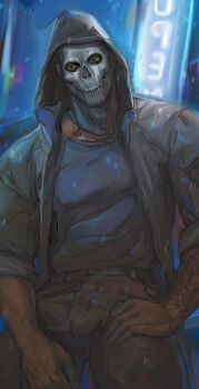 1boy absurdres arm_tattoo black_jacket black_pants black_shirt call_of_duty call_of_duty:_modern_warfare_2 freesilverwind ghost_(modern_warfare_2) highres hood hood_up hooded_jacket jacket large_pectorals looking_at_viewer male_focus mask muscular muscular_male open_clothes open_jacket outdoors pants pectorals shirt skull_mask soap_(modern_warfare_2) solo tattoo