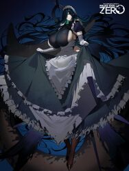 Rule 34 | 1girl, apron, black dress, black hair, black pantyhose, breasts, brown footwear, clothes lift, colored inner hair, dress, dress lift, elbow gloves, floating hair, gloves, green eyes, green hair, hair over one eye, highres, huge breasts, kamitoge supino, looking at viewer, maid, maid headdress, multicolored hair, one eye covered, original, pantyhose, puffy short sleeves, puffy sleeves, short sleeves, sideboob, smile, solo, white apron, white gloves