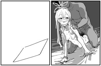 1boy 1girl asahina_yoshitoshi bed_sheet blue_archive blush breasts completely_nude greyscale halo hands_on_another&#039;s_shoulders hetero highres konoka_(blue_archive) long_hair monochrome nipples nude parted_lips sex sheet_grab sketch small_breasts smile solo_focus stomach_bulge tongue tongue_out