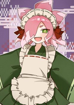 Rule 34 | 1boy, abstract background, alternate costume, apron, commentary request, crossdressing, crossdressing (mtf), djob7ycnem9, dress, green dress, green eyes, hair over one eye, highres, japanese clothes, looking at viewer, maid headdress, open mouth, pink hair, sakuraorochi, solo, teeth, upper teeth only, white apron, youkai (youkai watch), youkai watch