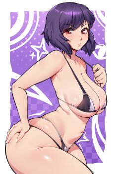 1girl :/ absurdres arched_back bare_shoulders bikini black_bikini blush breasts cleavage closed_mouth collarbone curvy dracksart ghost_in_the_shell ghost_in_the_shell:_stand_alone_complex grabbing_own_ass highres kusanagi_motoko medium_breasts multi-strapped_bikini_bottom navel purple_hair red_eyes shiny_skin short_hair skindentation solo strap_pull swimsuit thighs thong thong_bikini underboob wide_hips