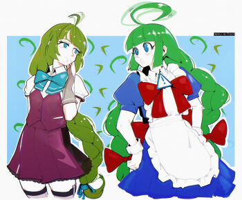 2girls absurdres ahoge apron blue_bow blue_bowtie blue_dress blue_eyes blue_ribbon blunt_bangs blush bow bowtie braid commentary cropped_legs crossover dress english_commentary eyelashes gloves green_hair hair_bow hair_ribbon hands_on_own_hips highres kantai_collection long_hair me-tan mole mole_under_mouth multiple_girls open_mouth os-tan puffy_short_sleeves puffy_sleeves red_bow ribbon shirt short_sleeves simple_background single_braid skirt teku-a-fool thighhighs very_long_hair vest white_apron white_shirt wrist_cuffs yuugumo_(kancolle) yuugumo_kai_ni_(kancolle)