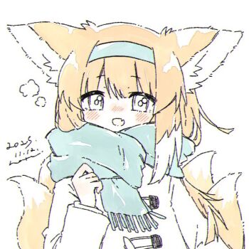 1girl :d alternate_costume animal_ears arknights arm_at_side blonde_hair blue_hairband blue_scarf blush coat colored_tips dated fang fox_ears fox_girl fox_tail fringe_trim hairband hand_up haru_(aona1122) kitsune kyuubi long_hair long_sleeves looking_at_viewer multicolored_hair multiple_tails nose_blush open_mouth scarf signature simple_background skin_fang smile solo suzuran_(arknights) tail two-tone_hair upper_body white_background white_coat white_eyes white_hair
