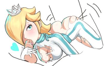 Rule 34 | 1girl, all fours, ass, blonde hair, blue eyes, breasts, breasts out, butt crack, cleavage, crown, fellatio, hair over one eye, heart, mario (series), medium breasts, nintendo, nipples, official alternate costume, one eye covered, oral, penis, rosalina, simple background, skindentation, sunbeam (artist), testicles, torn clothes, track suit