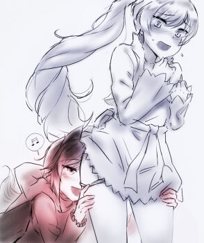 2girls animal_ears blush cowboy_shot dog_ears dog_tail earrings eyes_visible_through_hair female_focus female_pervert grey_background hair_between_eyes highres jewelry monochrome multiple_girls multiple_monochrome musical_note ndgd panties panty_pull pantyhose pervert ruby_rose rwby scar scar_on_face side_ponytail simple_background spoken_musical_note standing tail underwear weiss_schnee yuri