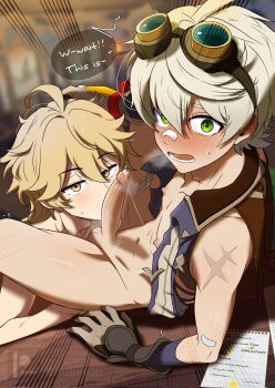 2boys aether_(genshin_impact) ahoge bandaid bandaid_on_face bandaid_on_nose bennett_(genshin_impact) blonde_hair blush caught embarrassed english_text erection fellatio genshin_impact gloves goggles goggles_on_head green_eyes grey_hair hair_between_eyes hand_on_another's_head highres kubikun looking_at_viewer male_focus multiple_boys naked_vest navel nipples nude open_mouth oral patreon_logo penis precum scar scar_on_arm speech_bubble sweatdrop testicles trap trembling twitter_username uncensored vest yaoi yellow_eyes
