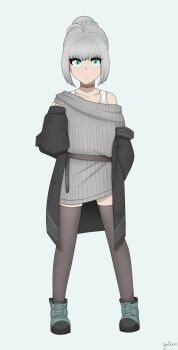 1girl aqua_eyes artist_name black_choker blue_background boots braid braided_bun choker clenched_hand collarbone expressionless fate_(series) full_body gallaxi gray_(fate) grey_hair hair_bun highres looking_at_viewer lord_el-melloi_ii_case_files off-shoulder_sweater off_shoulder shirt short_hair signature simple_background sleeves_past_wrists solo sweater thighhighs white_shirt