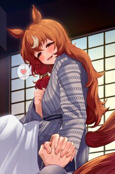 1girl alternate_costume animal_ears blush breasts brown_hair clenched_hand commentary_request hair_between_eyes hair_ornament heart highres horse_ears horse_girl horse_tail looking_at_viewer mononoke_(pixiv53597254) pov pov_hands red_eyes sitting small_breasts solo spoken_heart still_in_love_(umamusume) tail umamusume