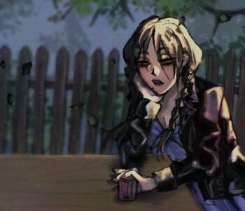 1girl blue_eyes braid brown_hair commentary dreamdweller drinking fence fog jacket leather leather_jacket long_hair lowres mole original outdoors self-upload sleepy twin_braids