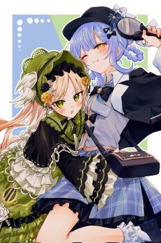 Rule 34 | 2girls, :3, :o, black capelet, black flower, black hat, black rose, black shoes, blonde hair, blue hair, blue skirt, braid, braided hair rings, capelet, commentary request, corrupted twitter file, deerstalker, detective, dress, flower, green bonnet, green dress, green eyes, grey vest, hair rings, hat, highres, holding, holding magnifying glass, hug, long hair, long sleeves, looking at viewer, magnifying glass, mahou shoujo no majo saiban, multiple girls, one eye closed, open mouth, rose, shoes, short hair, skirt, smile, socks, tachibana sherry, taimu (htrgt 31), tono hanna, twintails, vest, white socks, yellow eyes, yellow flower, yellow rose