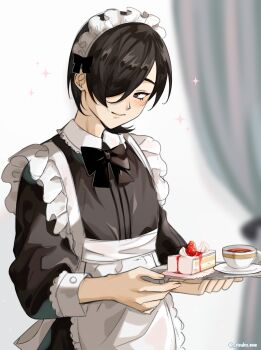 1boy absurdres alternate_costume apron bishounen black_hair blurry blurry_background blush bow cake crossdressing crossdressing_(mtf) cup enmaided food hair_over_one_eye highres holding holding_tray kurosu_jun looking_to_the_side maid maid_apron maid_headdress male_focus male_maid persona persona_2 persona_2_tsumi red_eyes risuko.exe_(artist) short_hair smile solo sparkle strawberry_shortcake tea teacup tray