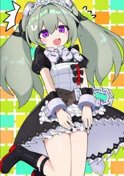 1girl apron belt black_dress blush bow chain commentary_request corin_wickes dress green_hair hair_between_eyes highres izumonokuni long_hair looking_at_viewer maid maid_apron maid_headdress open_mouth puffy_short_sleeves puffy_sleeves purple_eyes screw_hair_ornament short_sleeves solo thighs twintails white_apron zenless_zone_zero