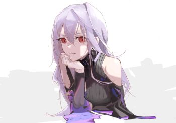 alternate_costume arknights bare_shoulders black_shirt breasts clothing_cutout cross cross_earrings earrings elbow_rest glitter grey_background hand_on_own_chin highres invisible_table jewelry leaning_on_table lips long_hair looking_at_viewer multicolored_shirt purple_shirt red_eyes shirt skadi_(arknights) turtleneck upper_body white_background white_hair yaruyan