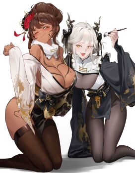 2girls 777_(nikke) absurdres black_kimono blanc_(nikke) blanc_(white_rabbit)_(nikke) blush body_writing bodystocking breast_tattoo breasts brush cleavage closed_mouth commentary dark-skinned_female dark_skin detached_collar dragon_print fake_horns fang floral_print flower frilled_kimono frills fur_collar goddess_of_victory:_nikke hair_bun hair_flower hair_ornament hanetsuki heart heart_tattoo highres horn_ornament horns huge_breasts ink japanese_clothes kimono large_breasts leg_tattoo multicolored_kimono multiple_girls naughty_face noir_(black_rabbit)_(nikke) noir_(nikke) obi off_shoulder one_eye_closed open_mouth orange_eyes rakaieye red_flower sash shadow short_kimono siblings single_hair_bun sisters skin_fang tattoo teeth tongue white_hair white_kimono wide_sleeves yellow_eyes