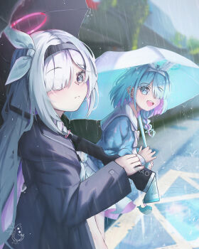 2girls :d absurdres arona_(blue_archive) black_coat black_hairband black_sailor_collar blue_archive blue_eyes blue_hair blue_halo bow_hairband braid coat colored_inner_hair commentary grey_eyes grey_hair gun hair_over_one_eye hairband halo highres holding holding_umbrella holding_weapon long_hair looking_at_viewer medium_hair multicolored_hair multiple_girls neckerchief open_mouth outdoors pink_halo plana_(blue_archive) rain ribbon sailor_collar single_braid smile symperrr umbrella umbrella_gun umbrella_over_shoulder weapon white_hair white_hairband white_neckerchief white_ribbon white_sailor_collar white_umbrella
