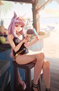 Rule 34 | 3girls, absurdres, animal ears, apple, beach, black one-piece swimsuit, breasts, cleavage, coconut, coconut cup, day, drinking straw, eyewear on head, food, fruit, fruit as cup, gold ship (run revolt launcher) (umamusume), gold ship (umamusume), highleg, highleg one-piece swimsuit, highres, holding, holding food, holding phone, holding popsicle, horse ears, horse girl, horse tail, large breasts, long hair, mejiro mcqueen (ripple fairlady) (umamusume), mejiro mcqueen (umamusume), multiple girls, ntdanny, on stool, one-piece swimsuit, outdoors, phone, pineapple, popsicle, purple eyes, purple hair, shade, sitting, solo focus, stool, swimsuit, tail, tokai teio (umamusume), umamusume
