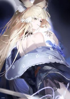 1girl absurdres animal_ear_fluff animal_ears arknights bare_back bare_shoulders black_background black_collar black_kimono blonde_hair blue_nails blunt_bangs blunt_sidelocks chinese_commentary collar commentary_request cowboy_shot floating_hair floral_print floral_print_kimono fox_ears fox_girl from_behind glowing gohanduck hand_up highres japanese_clothes kimono long_hair looking_at_viewer looking_back median_furrow multicolored_hair off_shoulder official_alternate_costume open_clothes open_kimono print_kimono scar scar_on_face shoulder_blades sidelocks simple_background solo spiked_collar spikes streaked_hair vulpisfoglia_(arknights) vulpisfoglia_(out_of_focus)_(arknights) white_streaks yellow_eyes