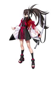 1girl black_ribbon black_scarf black_shoes black_shorts black_socks blood blood_in_hair blood_on_clothes blood_on_face blood_splatter brown_eyes brown_hair fate/grand_order fate_(series) full_body hair_ribbon haori highres holding holding_sword holding_weapon japanese_clothes katana kawakami_gensai_(fate) kawakami_gensai_(first_ascension)_(fate) large_variant_set long_hair looking_at_viewer multicolored_hair official_art ponytail red_ribbon ribbon scarf shirt shoes shorts socks solo standing streaked_hair sword tachi-e takeuchi_takashi third-party_source transparent_background two-tone_hair variant_set weapon white_hair white_haori