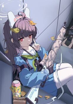 3girls ass black_gloves black_hair blue_archive blue_shirt blue_skirt bolt_action finger_to_mouth gloves green_neckerchief grey_sailor_collar grey_shirt gun hairband halo highres holding holding_gun holding_weapon leaf leaf_on_head long_hair mayoril miyu_(blue_archive) mosin-nagant multiple_girls neckerchief panties pantyhose ponytail red_eyes rifle sailor_collar shirt shushing single_glove skirt sniper_rifle sukeban_(smg)_(blue_archive) thermos underwear weapon white_hairband white_halo white_panties white_pantyhose white_sailor_collar