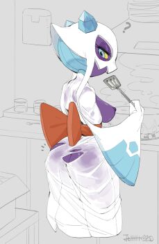 1girl ? absurdres ass back_bow blue_eyes bow breasts breasts_out colored_sclera colored_skin cooking cooking_pot floating from_behind froslass fu_li_jiang full_body gen_4_pokemon half-closed_eyes head_arms highres holding holding_spatula ice_horns indoors japanese_clothes kimono kitchen large_breasts light_blush looking_at_viewer looking_back nintendo nipples obi partial_humanization pokemon pokemon_(creature) pokemon_focus purple_skin red_sash sash solo spatula stove torn_clothes wet wet_clothes white_kimono yellow_sclera