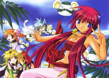 00s 4girls anise_azeat apricot_sakuraba arabian_clothes bandeau blonde_hair blue_eyes blue_hair cat_tail elbow_gloves galaxy_angel galaxy_angel_rune gloves kahlua_marjoram kanan long_hair midriff multiple_girls nano-nano_pudding navel orange_hair red_hair ribbon short_twintails strapless tail tube_top twintails very_long_hair