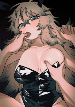1boy 1girl alternate_costume animal_ears black_leotard black_survival breasts commentary_request eternal_return:_black_survival fake_animal_ears finger_in_another's_mouth fingernails green_eyes grey_hair groping highres katja_(black_survival) kms2605 korean_commentary large_breasts leotard messy_hair playboy_bunny pov rabbit_ears