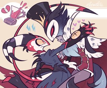 2boys beak black_footwear black_headwear black_jacket blitzo_(helluva_boss) boots broken_heart claws closed_mouth colored_sclera dancing demon demon_boy demon_tail extra_eyes feet_out_of_frame hat heart hellaverse helluva_boss high_heel_boots high_heels highres holding_hands horns jacket long_sleeves looking_at_another meremero multiple_boys red_eyes red_jacket smile standing stolas_(helluva_boss) striped_horns surprised tail