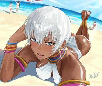 4girls ahoge anklet armlet arms_up ass backboob barefoot beach bent_over bikini black_one-piece_swimsuit blonde_hair blue_bikini blue_eyes blush bracelet breasts brown_hair cammy_white capcom cat chun-li commentary completely_nude dark-skinned_female dark_skin day earrings elena_(street_fighter) footprints full_body glint hair_between_eyes hand_on_own_head hands_on_own_hips head_rest high_ponytail jewelry lips long_hair looking_at_another looking_at_viewer lying medium_breasts mugi_(mugit49) multi-strapped_bikini_bottom multiple_bracelets multiple_girls neck_ring nude ocean on_stomach one-piece_swimsuit outdoors outstretched_arms parted_lips ponytail public_indecency public_nudity running shiranui_mai short_hair signature smile soles solo_focus street_fighter street_fighter_6 street_fighter_iii_(series) sweat swimsuit unworn_clothes very_dark_skin white_bikini white_hair