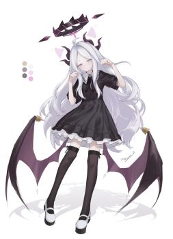 absurdres ahoge black_dress black_halo black_horns black_ribbon black_thighhighs black_wings blue_archive blush closed_mouth collared_shirt commentary_request demon_girl demon_horns demon_wings dress frilled_dress frilled_shirt_collar frills full_body gothic_lolita halo hands_up highres hina_(blue_archive) horns leg_ribbon lolita_fashion long_hair looking_at_viewer low_wings mary_janes multiple_horns neck_ribbon parted_bangs paw_pose petticoat platform_shoes puritan_collar purple_eyes ribbon rns shirt shoes short_dress short_sleeves signature simple_background slit_pupils standing thigh_ribbon thighhighs very_long_hair white_background white_hair white_shirt white_shoes wings