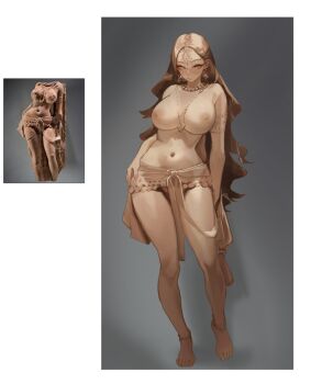 1girl armlet barefoot bead_necklace beads bindi breasts chain chinese_commentary commentary_request contrapposto fine_art_parody gold_chain head_chain highres indian_clothes jewelry large_breasts long_hair looking_at_viewer meme navel necklace nipples original parody pelvic_curtain photo-referenced reference_inset sash shen_shipi_(agil548g6h6) solo standing tiara topless_female waist_sash wide_hips yakshi_statue_(meme)