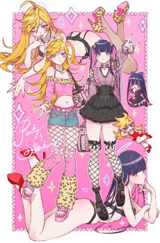 2girls absurdres agejo_gyaru animal_print ass black_panties black_skirt blonde_hair bomhat chibi chibi_inset commentary crop_top cropped_shirt fashion fishnet_thighhighs fishnets gyaru highres jacket jirai_kei leopard_print lingerie making-of_available midriff multicolored_hair multiple_girls multiple_views navel panties panty_&amp;_stocking_with_garterbelt panty_(psg) pink_background pink_jacket pink_shirt purple_hair shirt skirt sparkle stocking_(psg) thighhighs two-tone_hair underwear