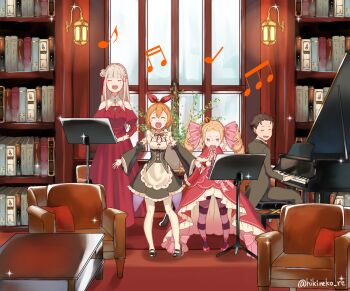 beatrice_(re:zero) black_hair blonde_hair book commentary_request crown dress emilia_(re:zero) highres hikimori_hikiko indoors lantern maid mini_crown music natsuki_subaru orange_hair pantyhose petra_leyte re:zero_kara_hajimeru_isekai_seikatsu red_dress shelf singing smile white_hair