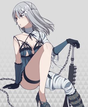 1girl absurdres bandaged_arm bandaged_leg bandaged_neck bandages black_gloves black_shoes blue_negligee breasts brown_eyes chainsword collarbone commentary_request flower foot_out_of_frame gloves grey_background hair_down hair_flower hair_ornament hand_on_hilt high_heels highres invisible_chair kaine_(nier) knee_up lingerie looking_to_the_side lunar_tear medium_breasts medium_hair negligee nier nier_(series) parted_lips shoes sitting solo sword tamakingx422x underwear weapon