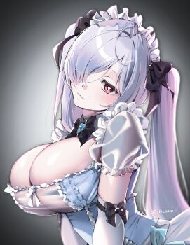 1girl alternate_costume black_ribbon breasts cinderella_(nikke) cleavage commentary_request dress goddess_of_victory:_nikke hair_over_one_eye hair_ribbon highres jik_oxox large_breasts long_hair looking_at_viewer maid maid_headdress puffy_short_sleeves puffy_sleeves red_eyes ribbon short_sleeves simple_background smile solo twintails upper_body very_long_hair white_dress white_hair