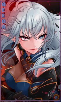 Rule 34 | 1girl, absurdres, ahoge, armor, black gauntlets, blue dress, blue eyes, breasts, clawed gauntlets, commentary, dress, fangs, gauntlets, general geega, grey hair, hair ornament, heterochromia, highres, large breasts, leotard, long hair, pointy ears, red eyes, see-through cleavage, see-through clothes, see-through leotard, shihir09, shoulder armor, single gauntlet, solo, virtual youtuber, vshojo