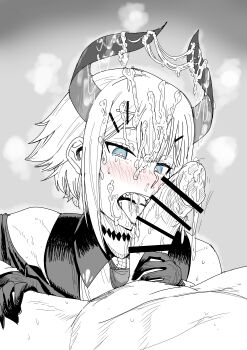 1boy 1girl absurdres bar_censor bare_shoulders blue_eyes blush censored commentary_request cum cum_on_body cum_on_hair cum_on_horns facial gloves greyscale hair_ornament hairclip highres horns kaiman_garupan levi_elipha levi_elipha_(1st_costume) monochrome nijisanji nude open_mouth penis pov pov_crotch solo_focus spot_color steam teeth tongue tongue_out virtual_youtuber