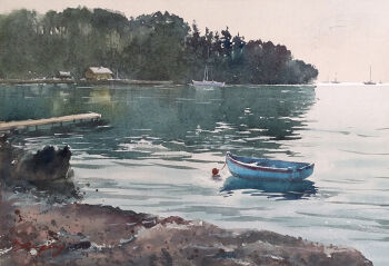 Rule 34 | building, buoy, lake, nara watercolor, no humans, original, painting (medium), pier, plant, reflection, reflective liquid, sail, scenery, shadow, shore, sunlight, traditional media, tree, water, watercolor (medium)