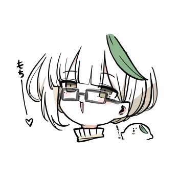 1girl artist_self-insert brown_eyes glasses grey-framed_eyewear highres kawamochi_(kawauti919) looking_at_viewer original parted_lips short_hair simple_background smile sweater translation_request turtleneck turtleneck_sweater white_background white_hair white_sweater