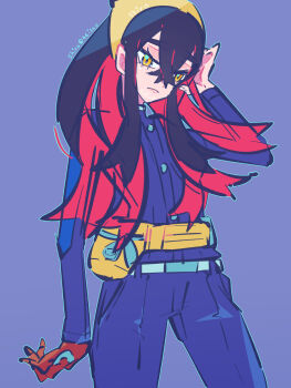 1girl artist_name black_hair blue_background blue_jacket blue_pants blueberry_academy_school_uniform carmine_(pokemon) closed_mouth crossed_bangs fanny_pack frown gloves hair_between_eyes hairband highres jacket long_hair long_sleeves looking_at_viewer multicolored_hair nintendo pants pokemon pokemon_sv red_gloves red_hair school_uniform shiro_(46isou) single_glove solo twitter_username two-tone_hair yellow_eyes yellow_hairband
