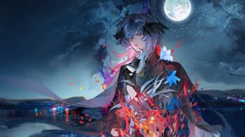 1boy absurdres arknights artist_request black_gloves black_jacket blue_flower burning chinese_commentary commentary_request commission fire flower full_moon gloves grey_hair hair_between_eyes hand_on_own_chest head_wings highres horns jacket logos_(arknights) logos_(npc)_(arknights) long_hair looking_at_viewer male_focus moon night ocean outdoors red_eyes second-party_source sky solo upper_body white_flower wings
