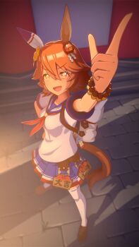 +_+ 1girl 3d :d animal_ears anna_anon arm_up blue_sailor_collar brown_hair clothing_cutout clover_hair_ornament commentary daruma_doll daruma_doll_hair_ornament ear_covers ema english_commentary foreshortening four-leaf_clover_hair_ornament full_body hair_ornament highres horse_ears horse_girl koikatsu_(medium) looking_at_viewer marker matikanefukukitaru_(rising_fortune)_(umamusume) matikanefukukitaru_(umamusume) neckerchief open_mouth orange_hair outdoors pointing pointing_up red_neckerchief sailor_collar school_uniform short_hair shoulder_cutout single_ear_cover smile solo standing thighhighs umamusume upper_body v-shaped_eyebrows white_thighhighs