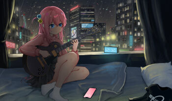 1girl absurdres bedroom black_shirt blanket blue_eyes blurry blurry_background bocchi_the_rock! building cellphone city city_lights cityscape clock closed_mouth crossed_legs cube_hair_ornament curtains depth_of_field digital_clock double-parted_bangs full_body gotoh_hitori grey_skirt guitar hair_between_eyes hair_ornament hair_over_shoulder highres holding holding_guitar holding_instrument instrument jacket light_frown long_bangs long_hair long_sleeves miniskirt music night night_sky no_shoes on_bed phone pillow pink_hair pink_jacket playing_guitar playing_instrument pleated_skirt print_shirt rain segment_display shirt short_sleeves sitting skirt sky skyscraper smartphone socks solo t-shirt tbyjpg timestamp track_jacket unworn_shirt very_long_hair water_drop water_on_glass white_socks window