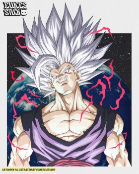 Rule 34 | 1boy, border, dragon ball, dragon ball super, dragon ball super super hero, earth (planet), elucestudio, gohan beast, grey hair, highres, long hair, male focus, muscular, muscular male, parted lips, planet, purple shirt, red eyes, red sash, sash, shirt, smirk, solo, son gohan, spiked hair, white border