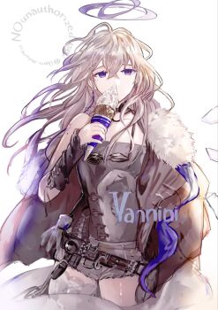 1girl angel arknights black_shirt black_shorts breasts brown_hair cape character_name commentary_request cowboy_shot detached_wings fur-trimmed_cape fur_trim goggles grey_halo halo highres holding holding_ice_cream_cone ice_cream_cone long_hair purple_eyes shirt short_shorts shorts simple_background small_breasts solo thighs tukaima vannini_(arknights) white_background wings