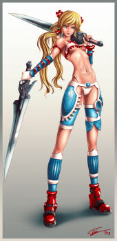 armlet armor armored_legwear ayumi_(x-blades) bare_shoulders bikini blonde_hair blue_eyes boots breasts bridal_gauntlets bustier commentary creative_signature dual_wielding english_commentary evilflesh fingerless_gloves gloves gradient_background grey_background gunblade hair_ornament holding holding_sword holding_weapon jewelry long_hair low_twintails medium_breasts navel over_shoulder red_boots stomach_tattoo strapless swimsuit sword sword_over_shoulder tattoo tri_tails tube_top twintails weapon weapon_over_shoulder white_background white_bikini white_bustier white_gloves white_tube_top wristband x-blades
