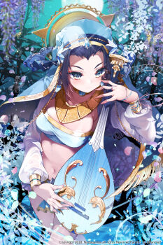 1girl 2018 absurdres arabian_clothes blue_eyes blue_flower blue_gemstone blue_hair blue_hat blue_shirt breasts character_request circlet cleavage closed_mouth copyright_notice copyright_request cowboy_shot crop_top detached_sleeves dress earrings eyelashes fingernails floral_background flower forehead full_moon gem gleam gold_necklace green_sky hat headscarf heart heart_earrings highres instrument jewelry kanola_u light_blush light_frown light_particles long_hair long_sleeves looking_down lute_(instrument) medium_dress moon music musical_staff navel necklace night official_art outdoors petals playing_instrument purple_flower ribs ring shirt sky solo stomach white_sleeves