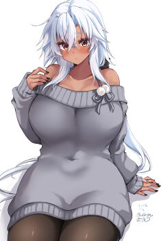 1girl absurdres alternate_costume bare_shoulders black_pantyhose breasts brown_eyes commentary_request dark-skinned_female dark_skin dress glasses grey_hair hair_between_eyes highres kantai_collection large_breasts long_hair looking_at_viewer mashiro_yukiya musashi_(kancolle) musashi_kai_ni_(kancolle) pantyhose rectangular_eyewear ribbed_dress semi-rimless_eyewear signature smile solo twintails very_long_hair